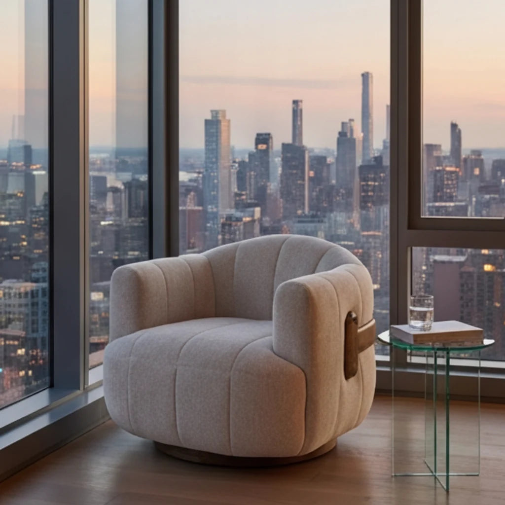 Luxury Cream Fabric Swivel Accent Chair Modern Italian Style for Villa