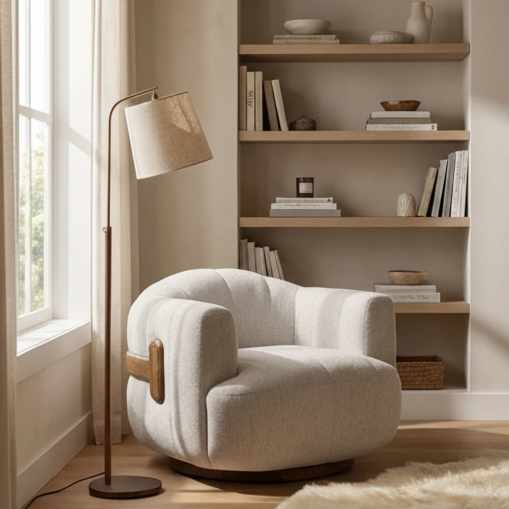 Luxury Cream Fabric Swivel Accent Chair Modern Italian Style for Villa