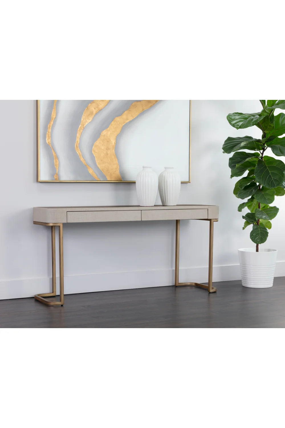 Luxury Cream Leather 2-Drawer Console Table Modern Italian Style for Villa