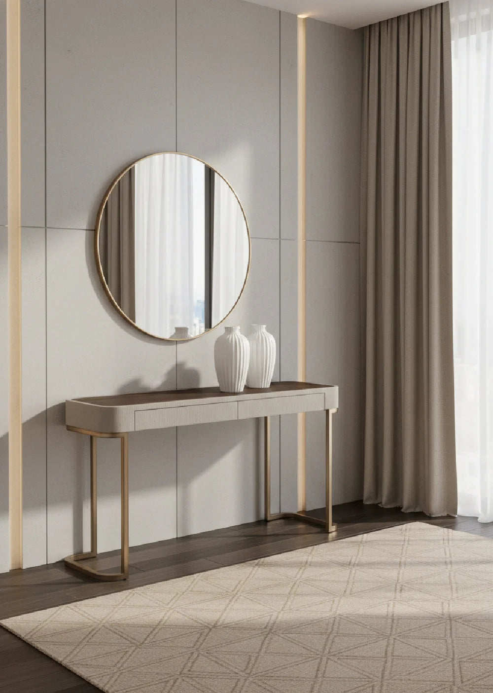 Luxury Cream Leather 2-Drawer Console Table Modern Italian Style for Villa