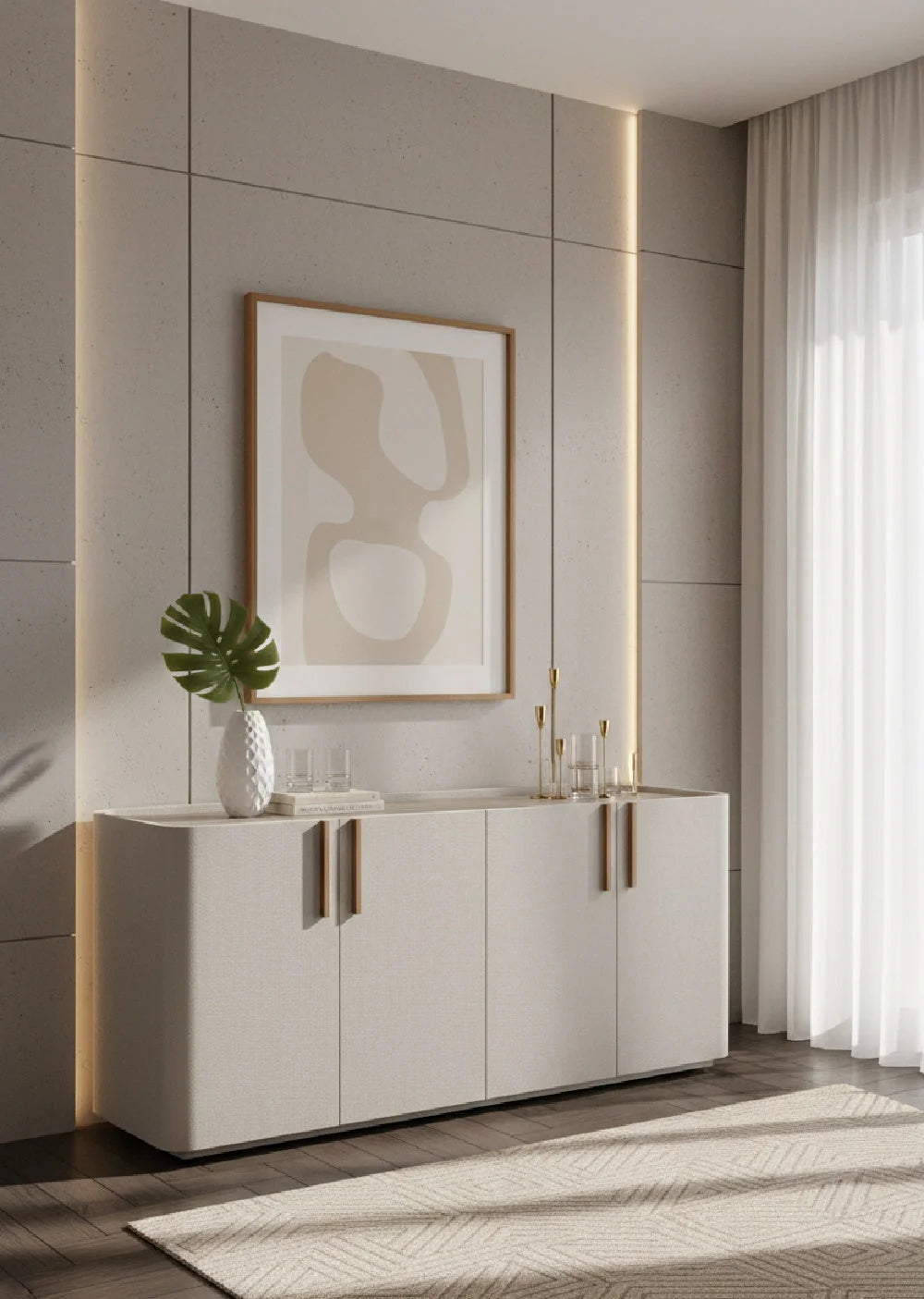 Luxury Cream Leather 4-Door Sideboard European Style for Villa