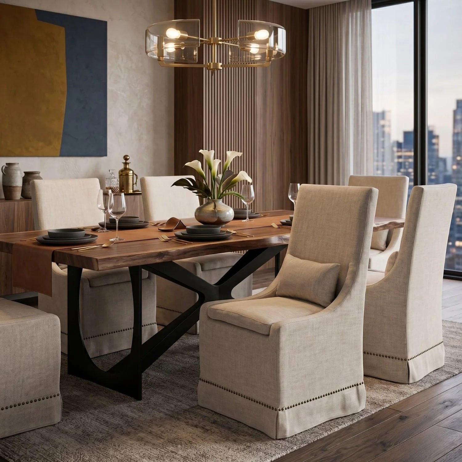Luxury Cream Linen Skirted Dining Chair European Style for Villa