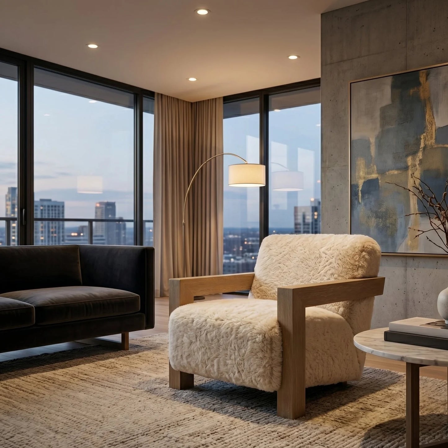Luxury Cream Shearling Accent Chair European Style for Villa