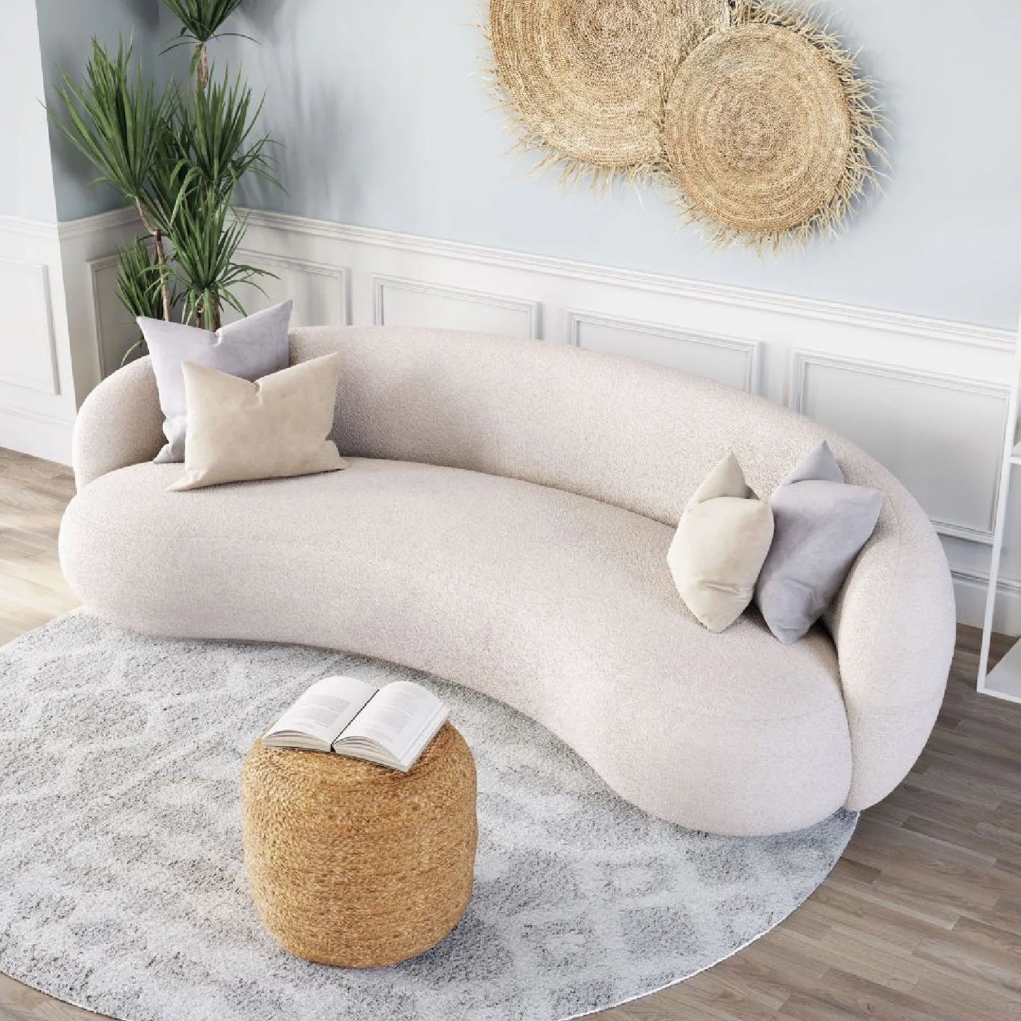 Luxury Cream Shearling Curved Sofa Modern Italian Style for Villa