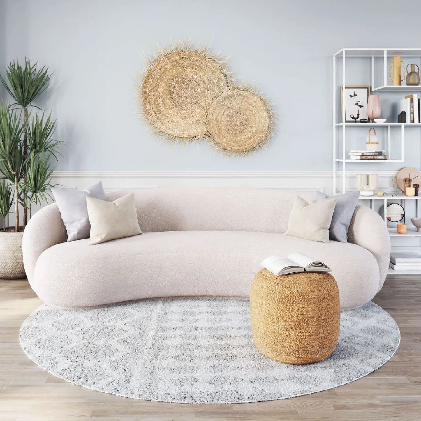 Luxury Cream Shearling Curved Sofa Modern Italian Style for Villa