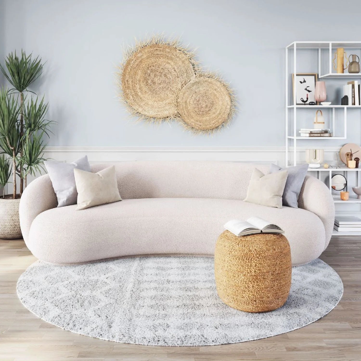 Luxury Cream Shearling Curved Sofa Modern Italian Style for Villa
