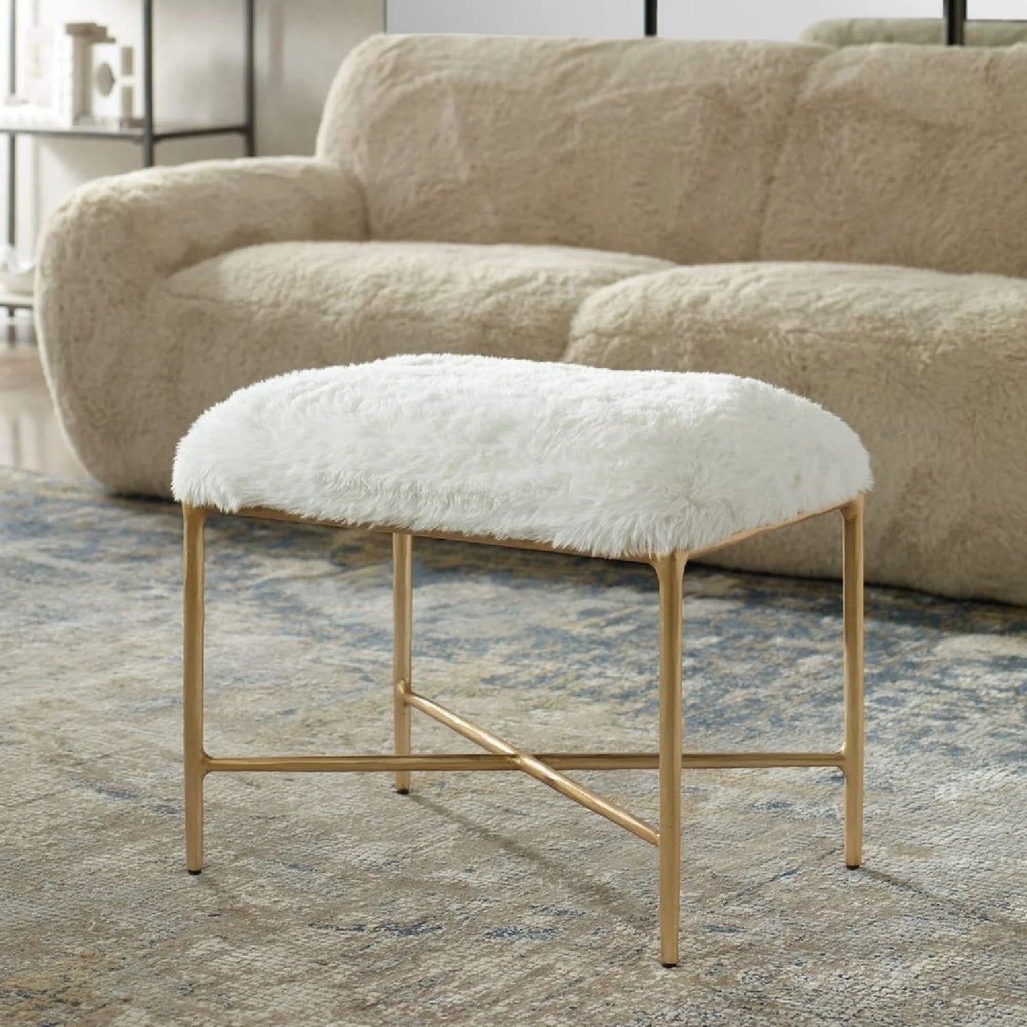 Luxury Cream Sheepskin Bench European Style for Villa