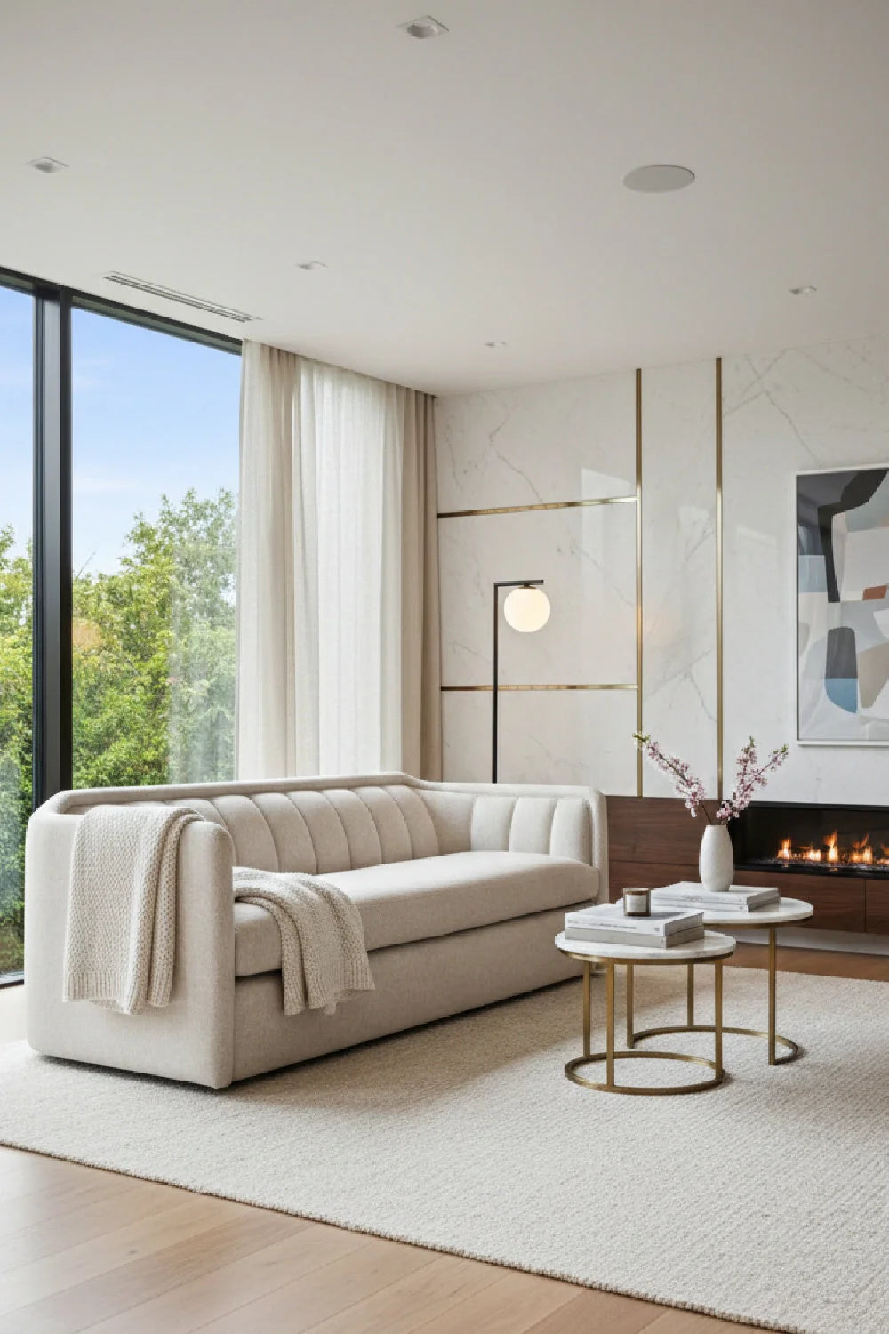 Luxury Cream Vertical Tufted Sofa Modern Italian Style for Villa