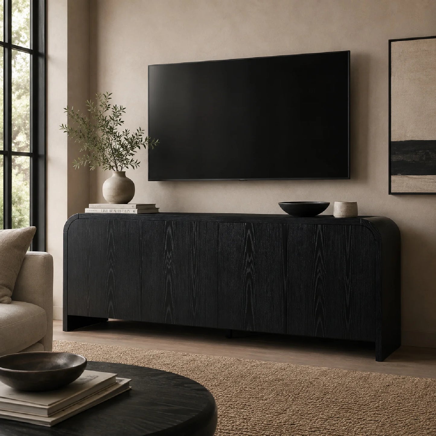 Luxury Curved Black Wood TV Stand Modern Italian Style for Villa