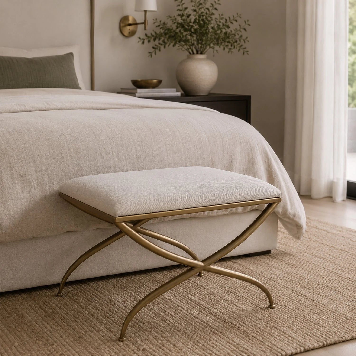 Luxury Curved Gold Framed Fabric Bench European Style for Villa