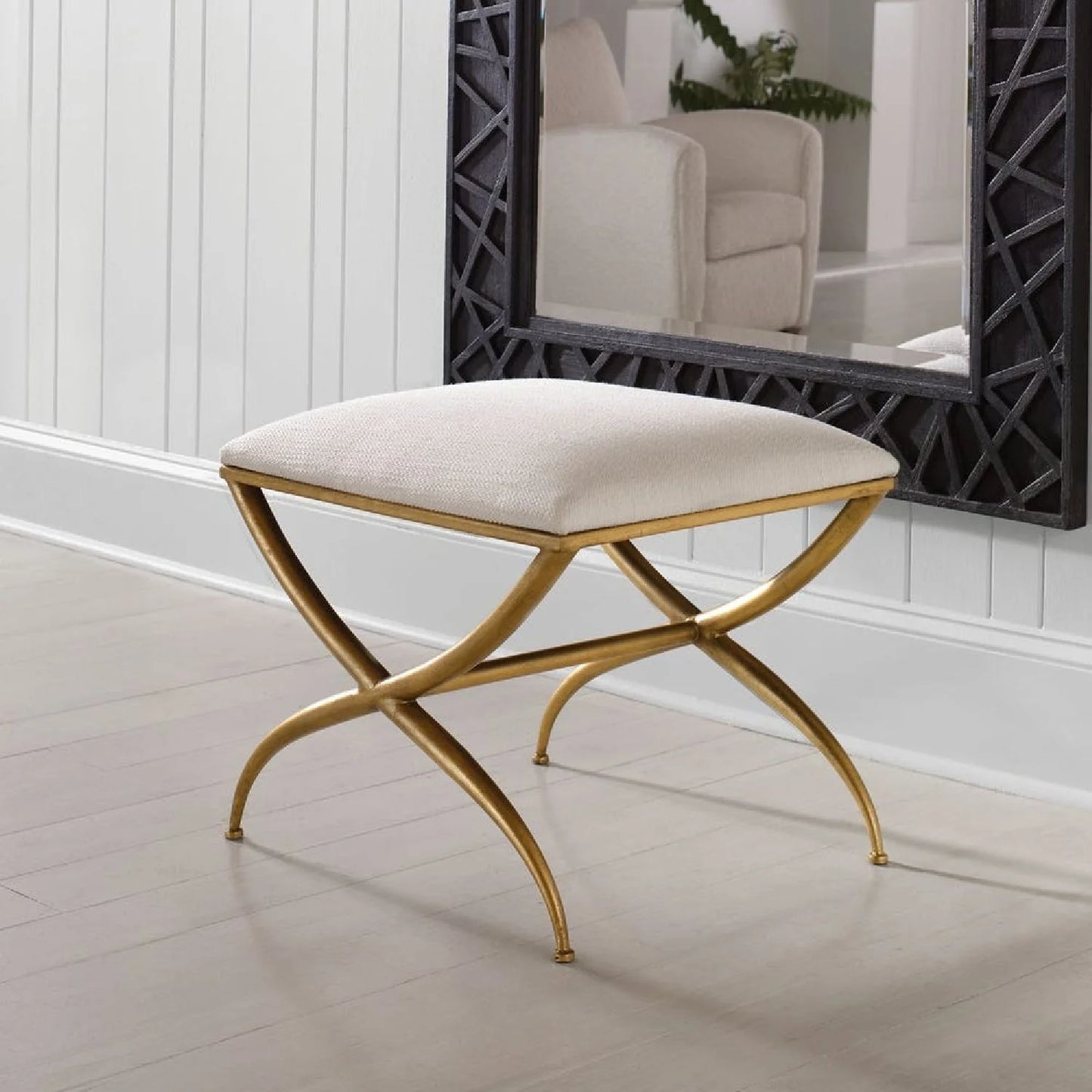 Luxury Curved Gold Framed Fabric Bench European Style for Villa