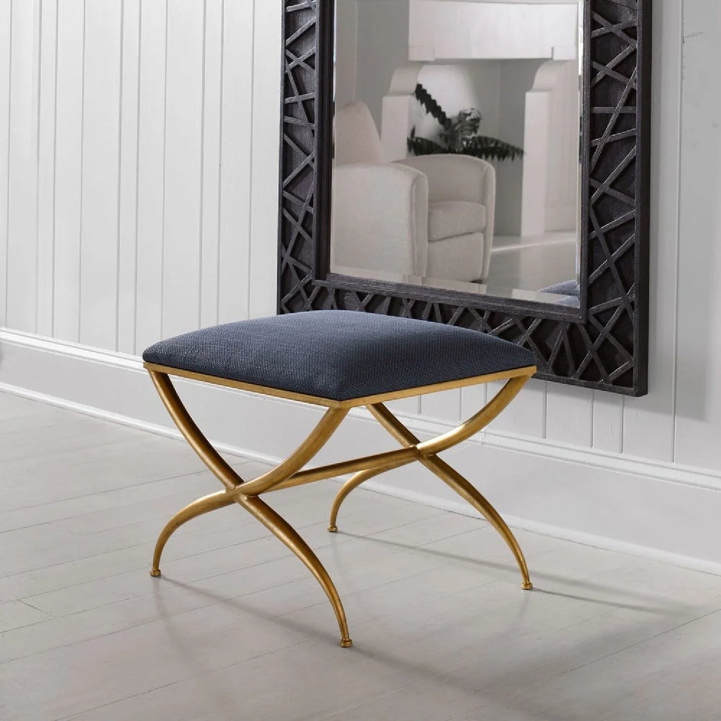 Luxury Curved Gold Framed Fabric Bench European Style for Villa