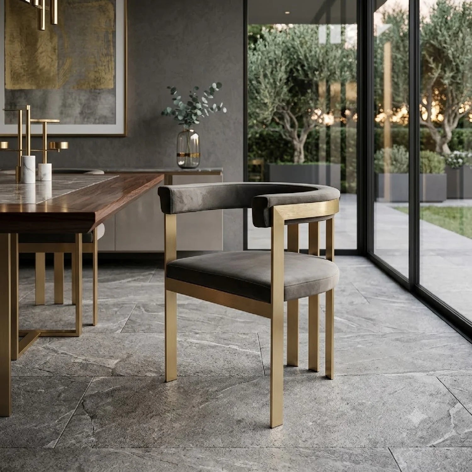 Luxury Curved Gray Velvet Modern Dining Chair European Style for Villa