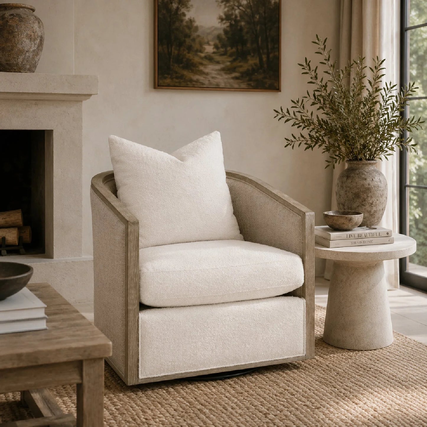 Luxury Curved Oak Swivel Lounge Chair European Style for Villa