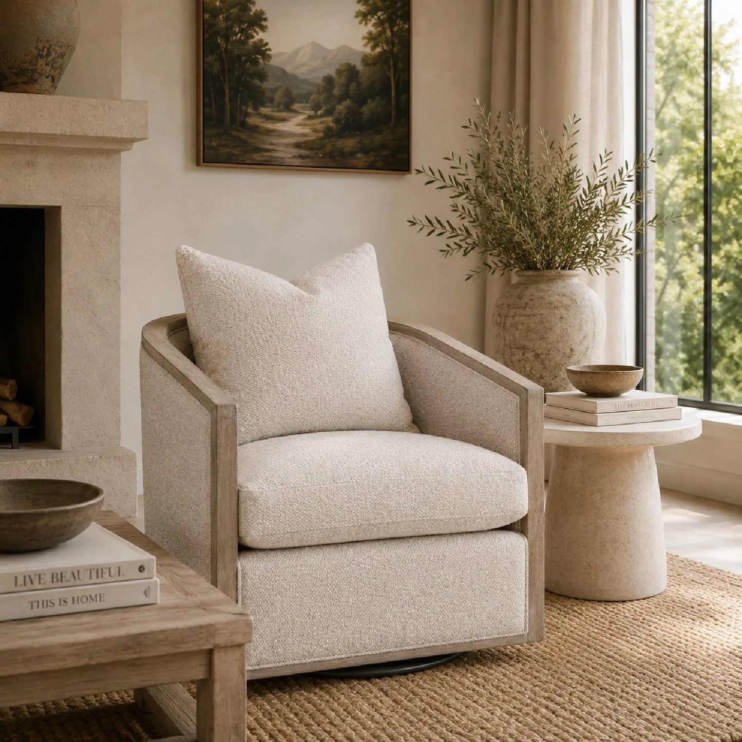 Luxury Curved Oak Swivel Lounge Chair European Style for Villa