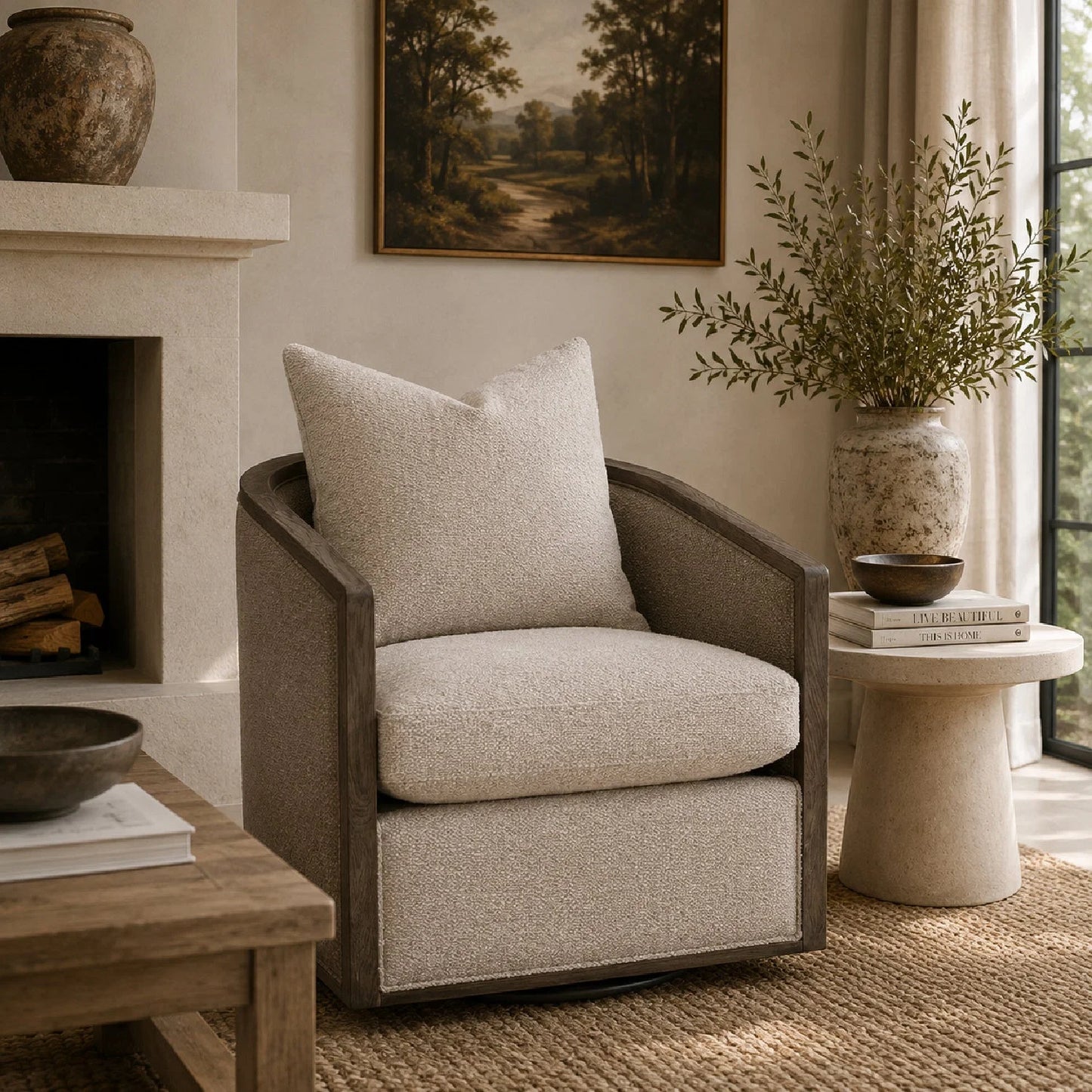 Luxury Curved Oak Swivel Lounge Chair European Style for Villa