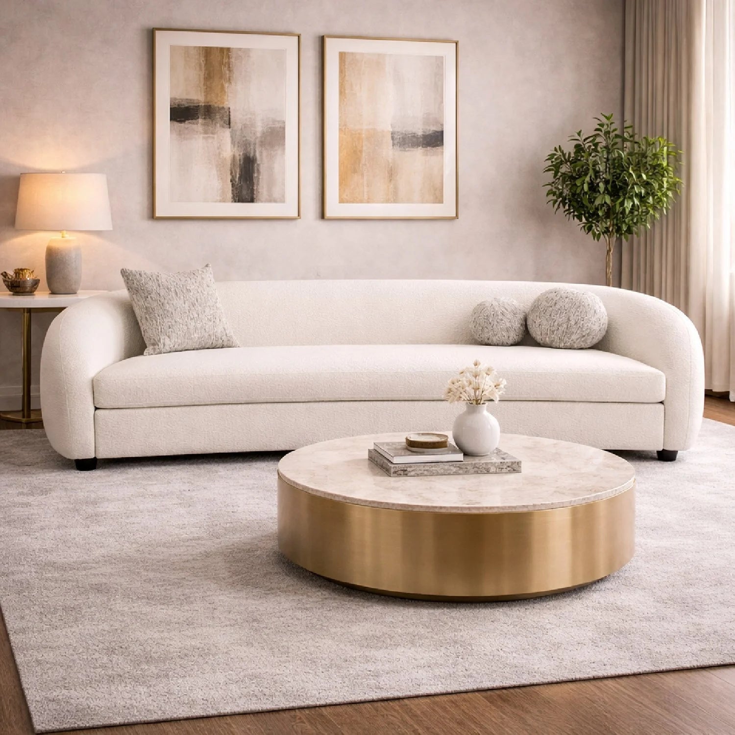 Luxury Curved White Fabric 4-Seater Sofa Modern Italian Style for Villa