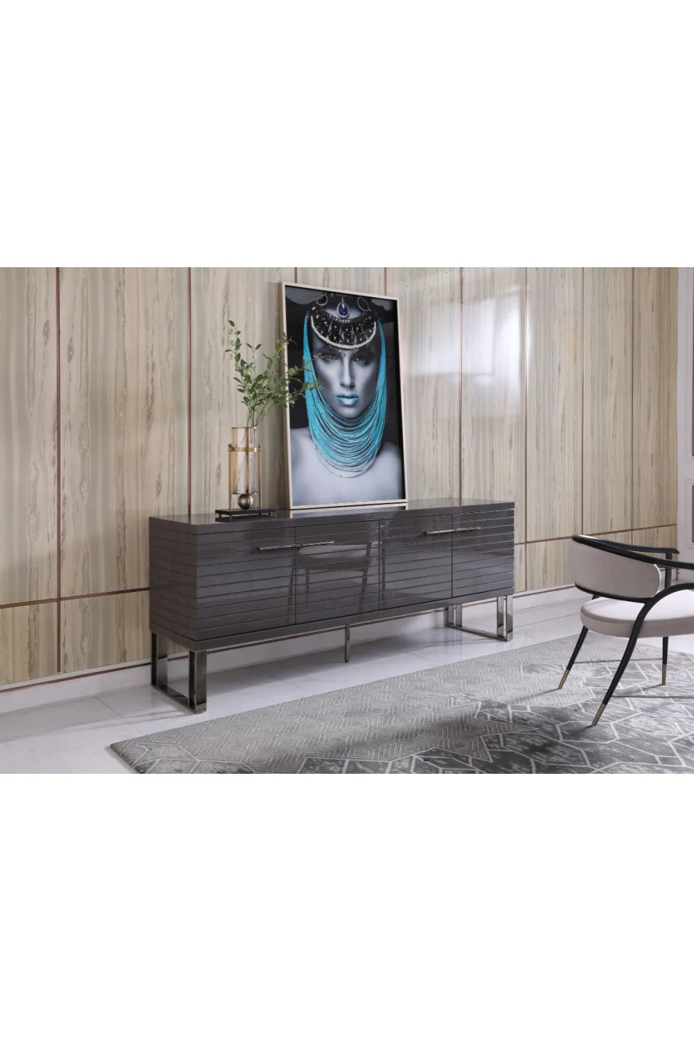 Luxury Dark Gray Slatted 4-Door Sideboard European Style for Villa