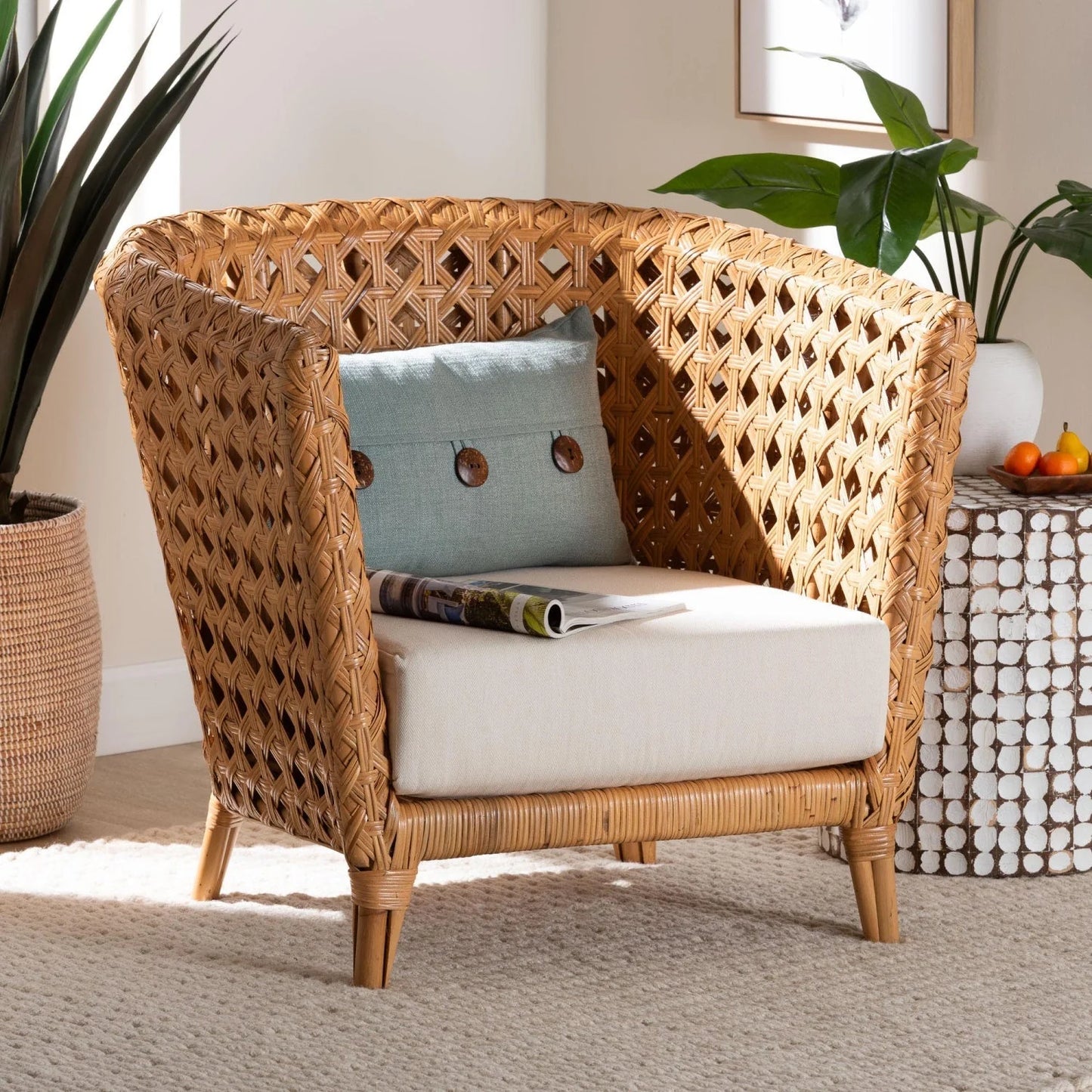 Luxury Diamond Weave Rattan Lounge Chair Modern Italian Style for Villa