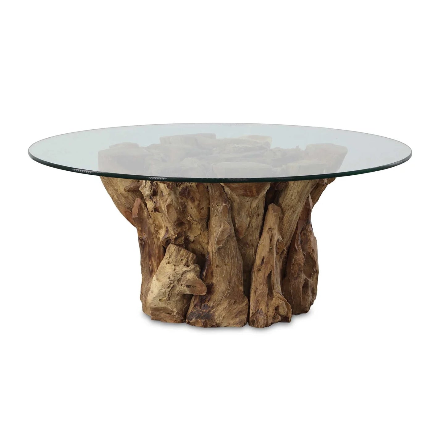 Luxury Driftwood Teak Base Glass Coffee Table Modern Italian Style for Villa