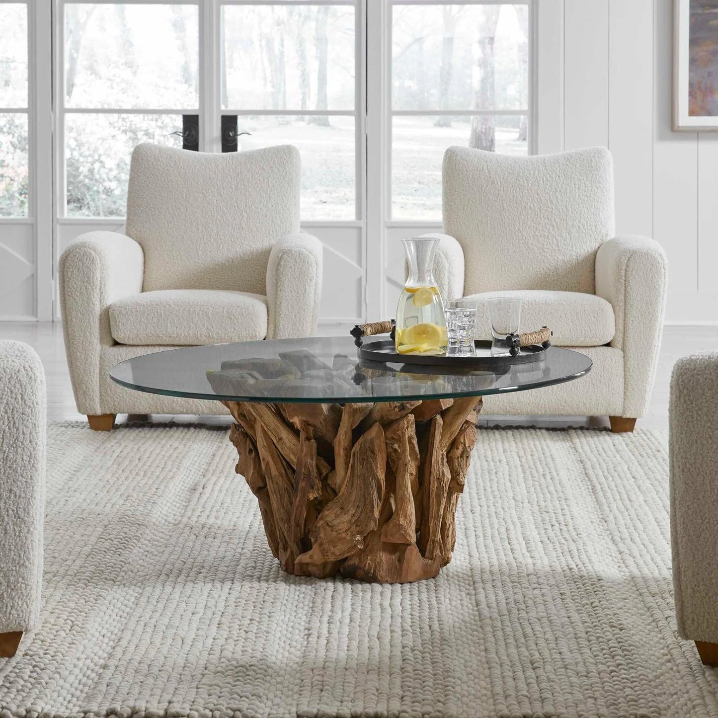 Luxury Driftwood Teak Base Glass Coffee Table Modern Italian Style for Villa