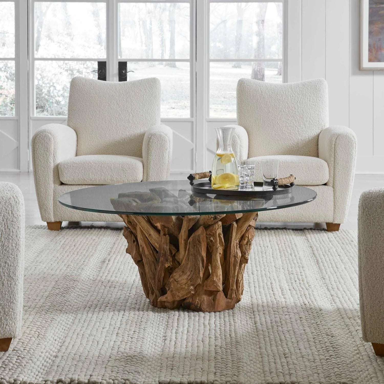 Luxury Driftwood Teak Base Glass Coffee Table Modern Italian Style for Villa