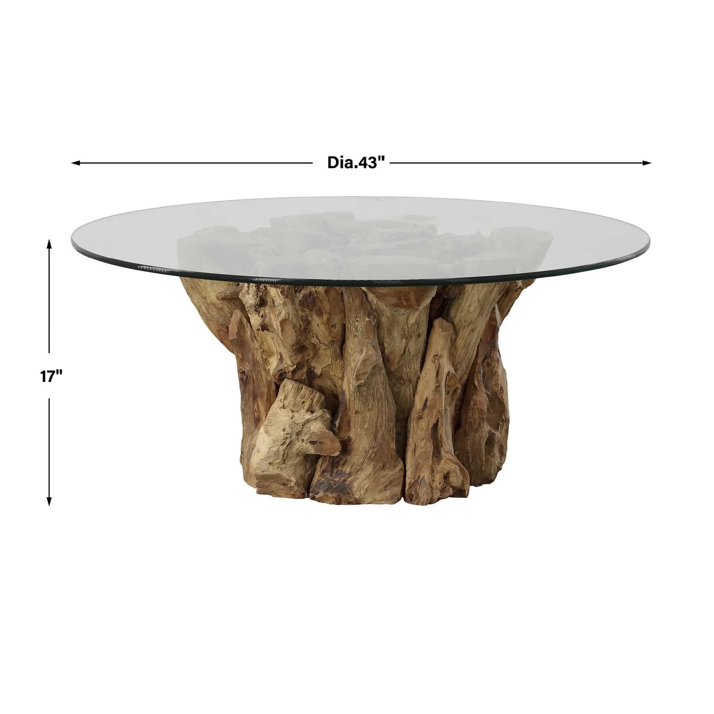 Luxury Driftwood Teak Base Glass Coffee Table Modern Italian Style for Villa