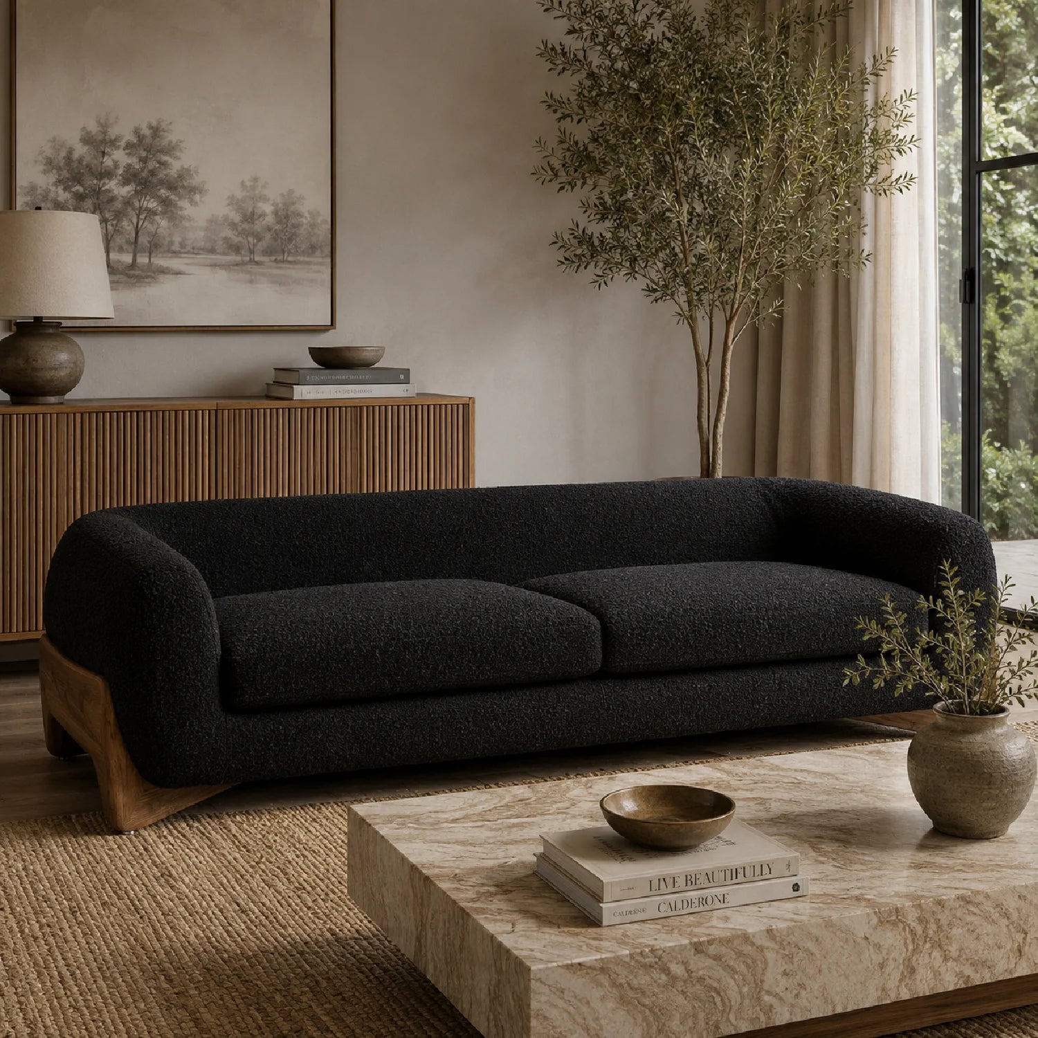 Luxury Ebony Boucle 3-Seater Sofa Modern Italian Style for Villa