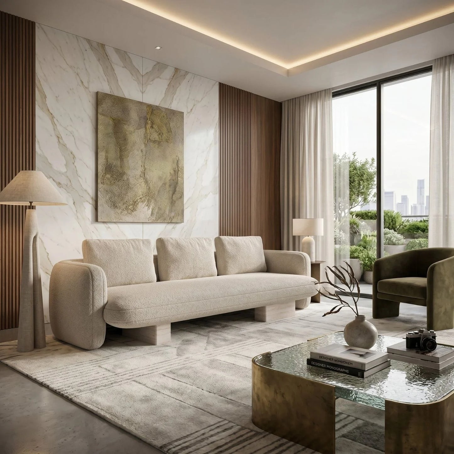 Luxury Ecru Linen Travertine Sofa Modern Italian Style for Villa