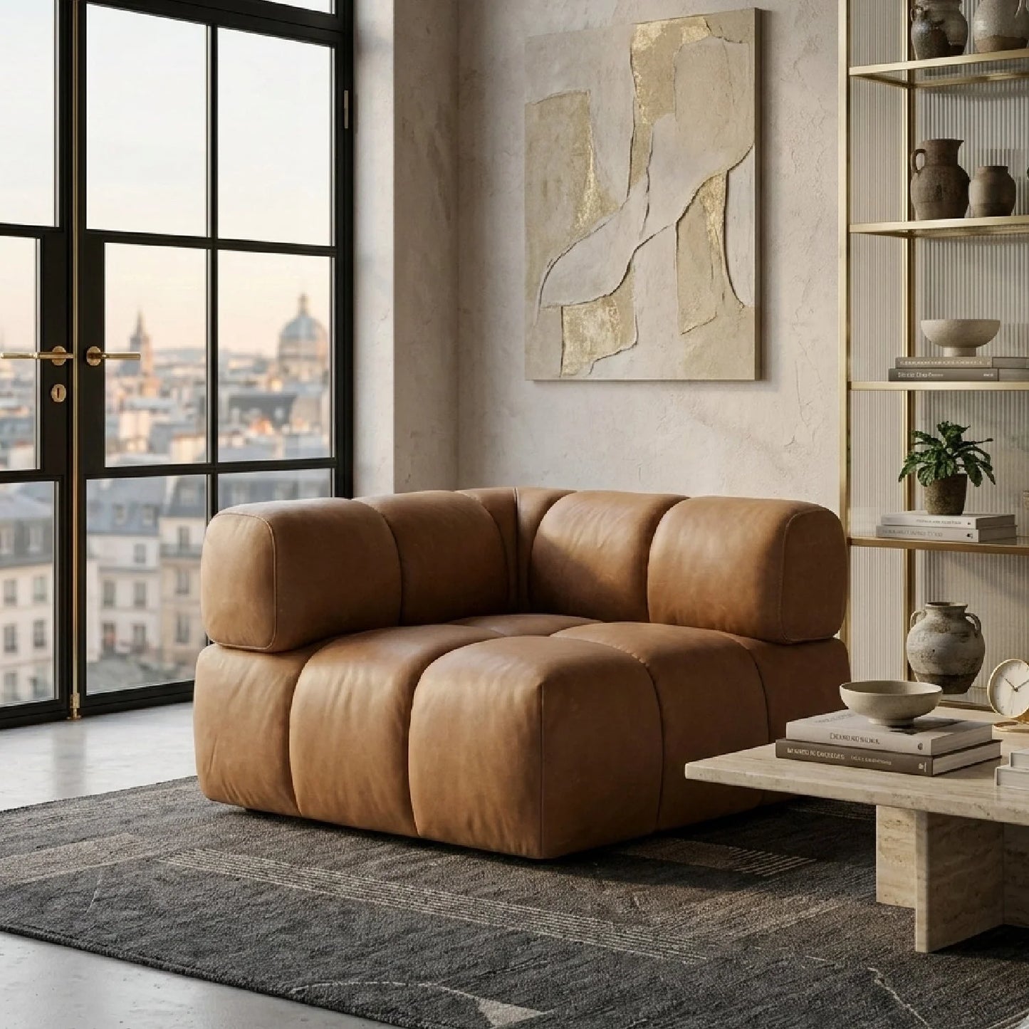 Luxury Everest Brown Leather Modular Corner Sofa Modern Italian Style for Villa