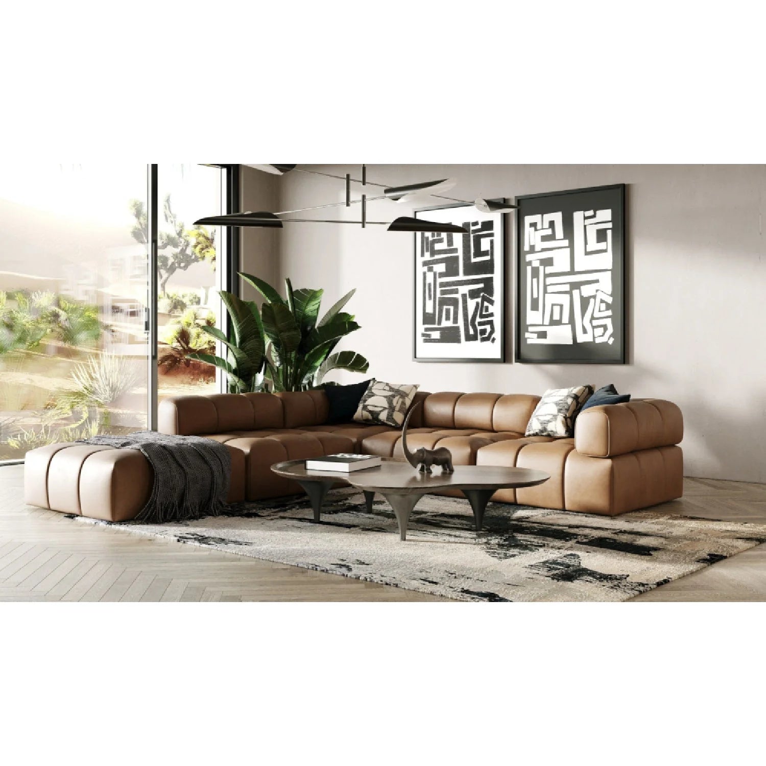Luxury Everest Brown Leather Modular Corner Sofa Modern Italian Style for Villa