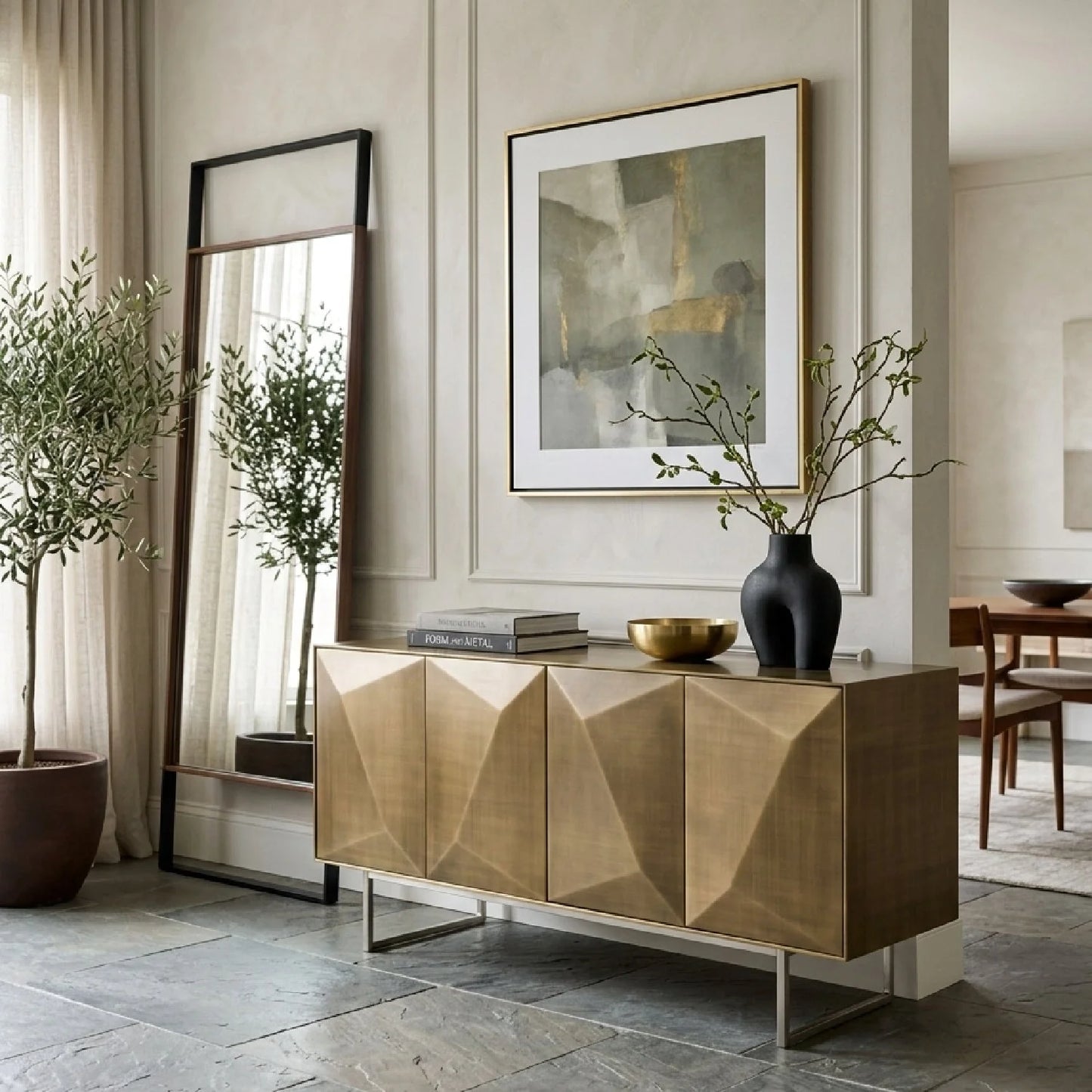 Luxury Faceted Antique Brass Sideboard European Style for Villa