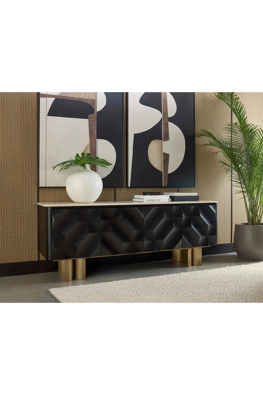Luxury Faceted Black 4-Door Sideboard European Style for Villa