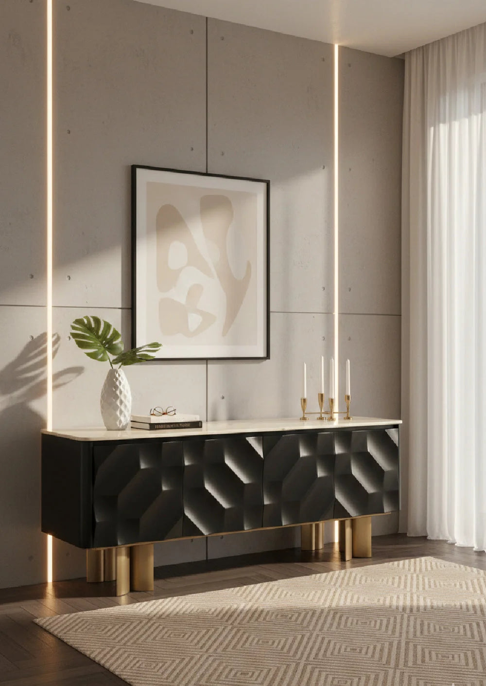 Luxury Faceted Black 4-Door Sideboard European Style for Villa