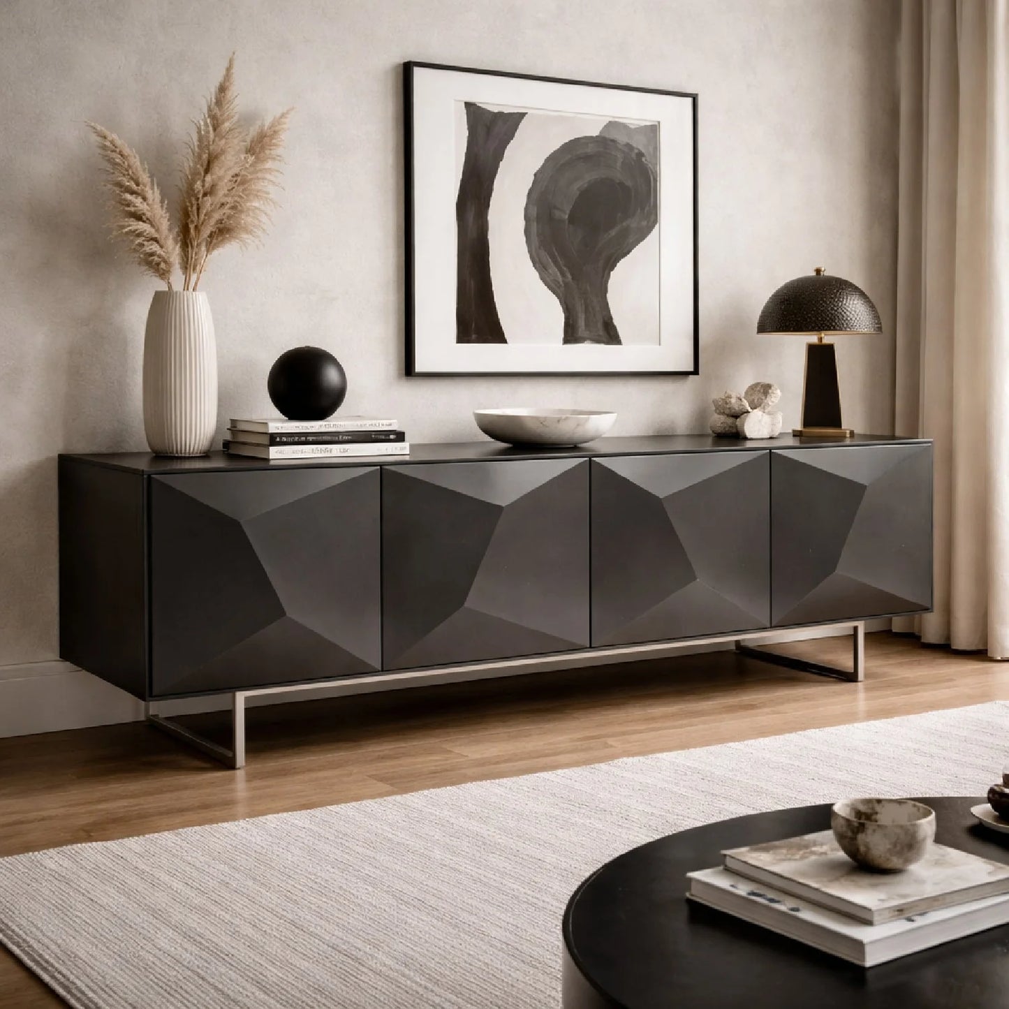 Luxury Faceted Grey 4-Door Sideboard European Style for Villa