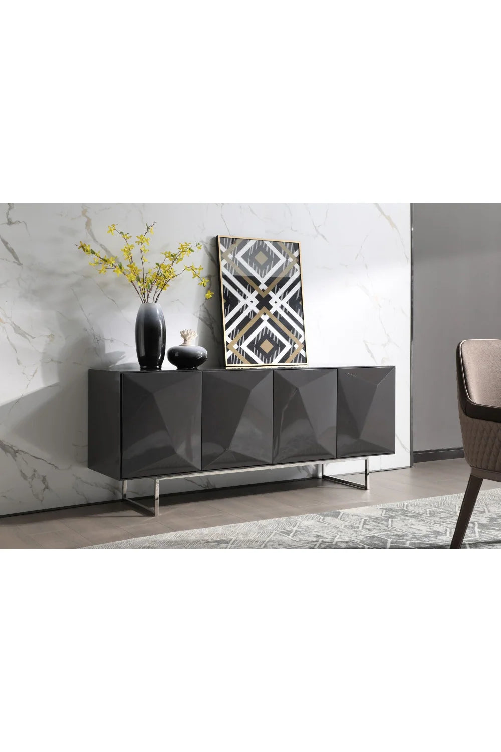 Luxury Faceted Grey 4-Door Sideboard European Style for Villa