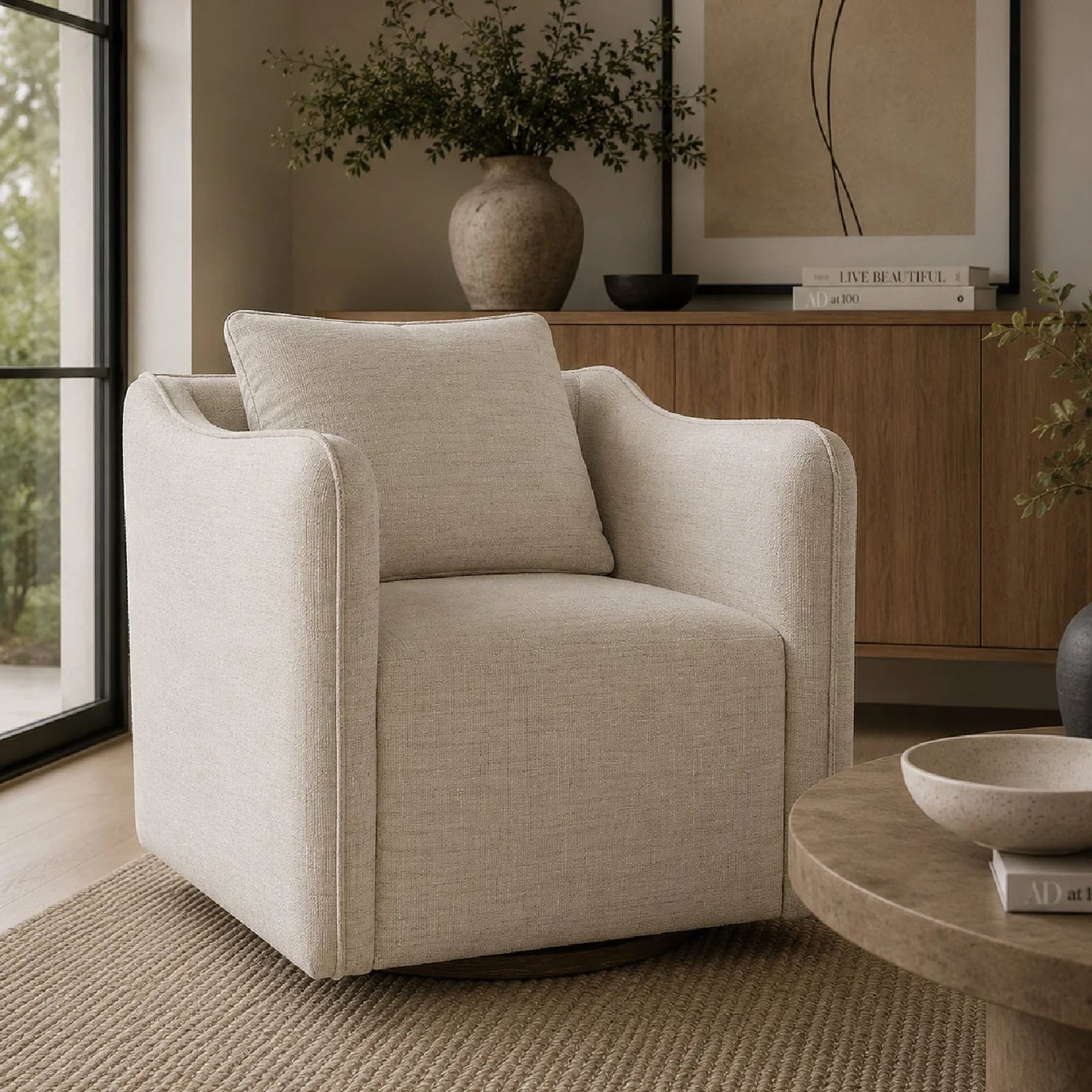 Luxury Flanged Fabric Swivel Accent Chair Modern Italian Style for Villa