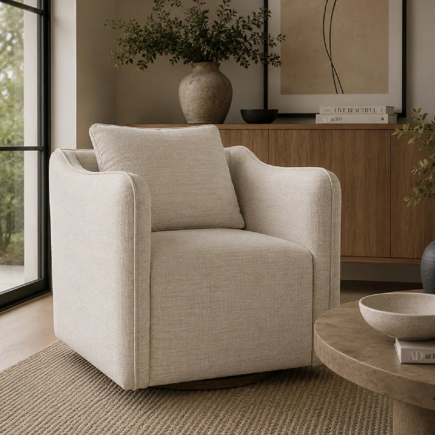 Luxury Flanged Fabric Swivel Accent Chair Modern Italian Style for Villa