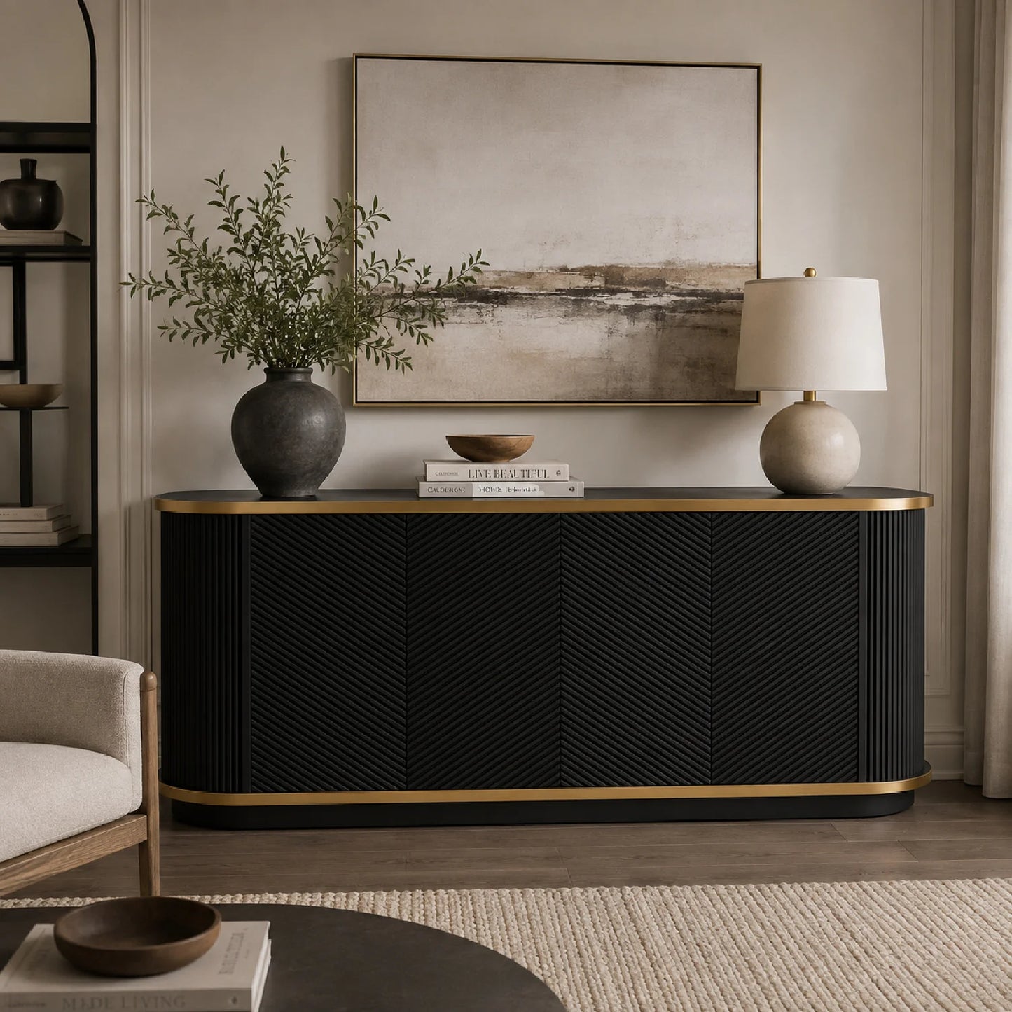 Luxury Fluted Black Wood Sideboard European Style for Villa