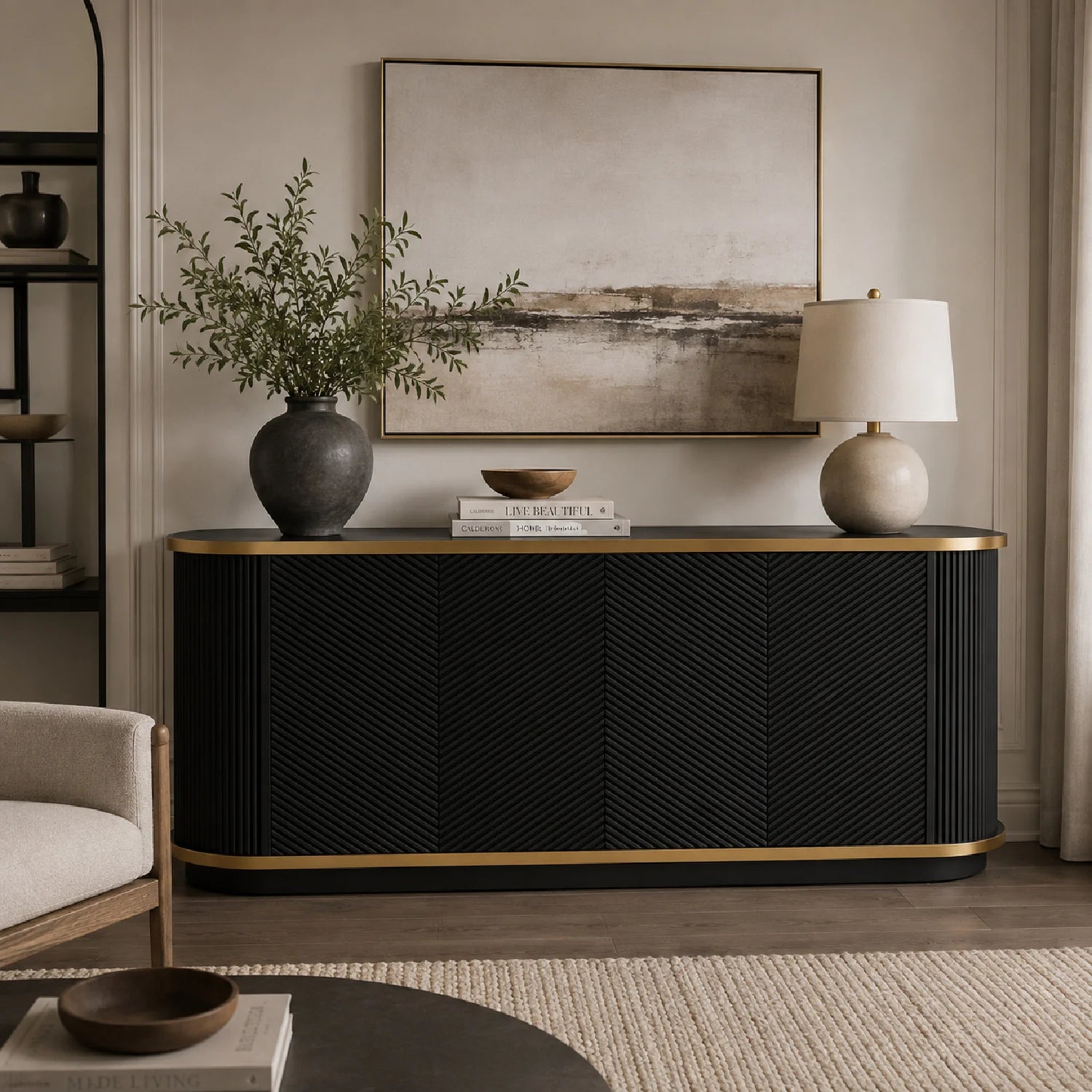 Luxury Fluted Black Wood Sideboard European Style for Villa