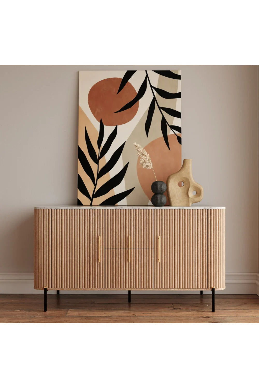 Luxury Fluted Mango Wood 4-Door Sideboard European Style for Villa
