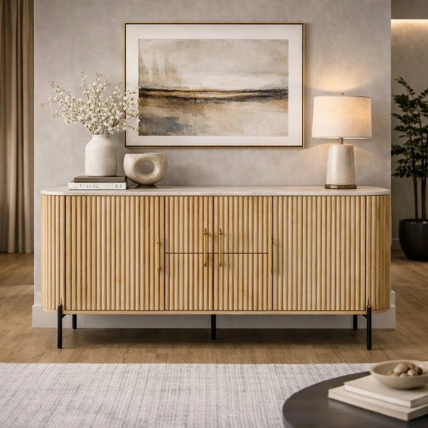 Luxury Fluted Mango Wood 4-Door Sideboard European Style for Villa