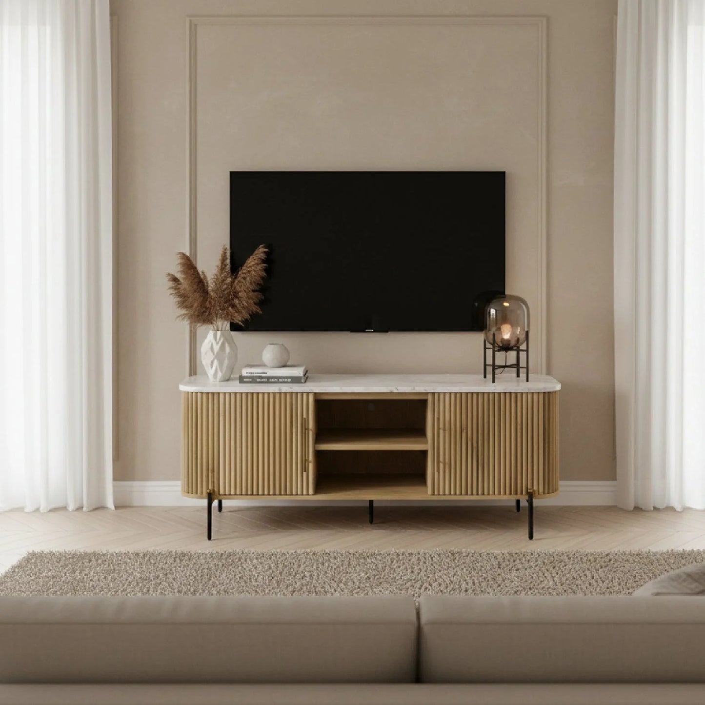 Luxury Fluted Mango Wood TV Stand Modern Italian Style for Villa