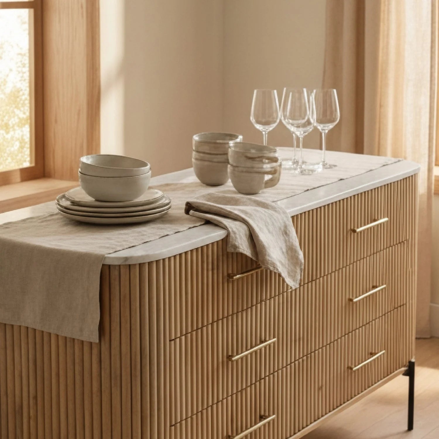 Luxury Fluted Modern Mango Wood 6-Drawer Dresser European Style for Villa
