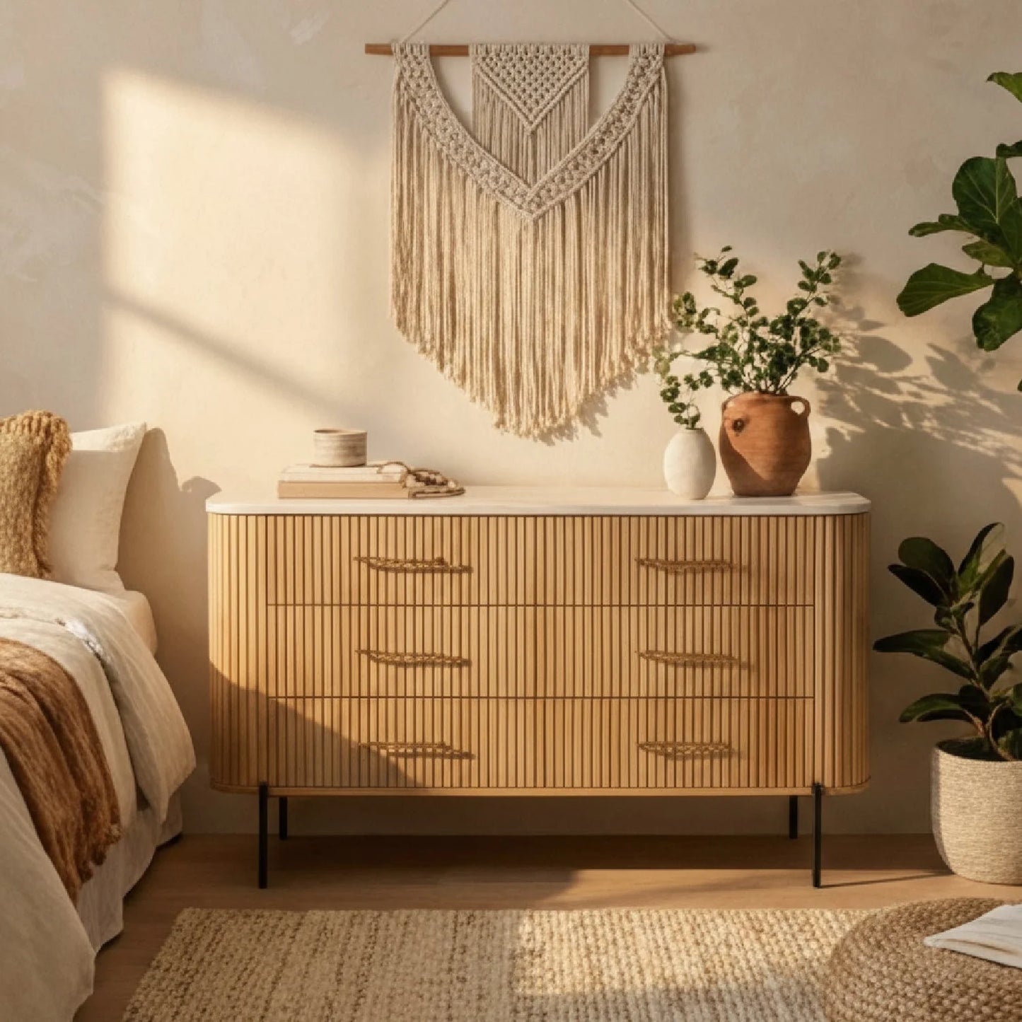 Luxury Fluted Modern Mango Wood 6-Drawer Dresser European Style for Villa