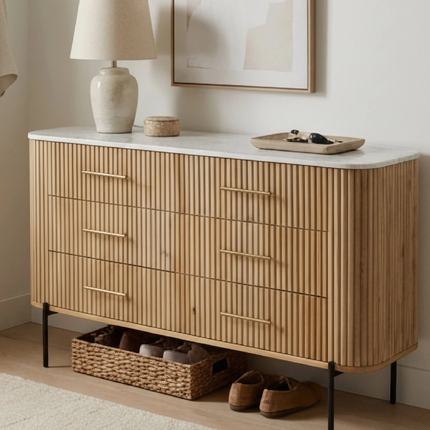 Luxury Fluted Modern Mango Wood 6-Drawer Dresser European Style for Villa