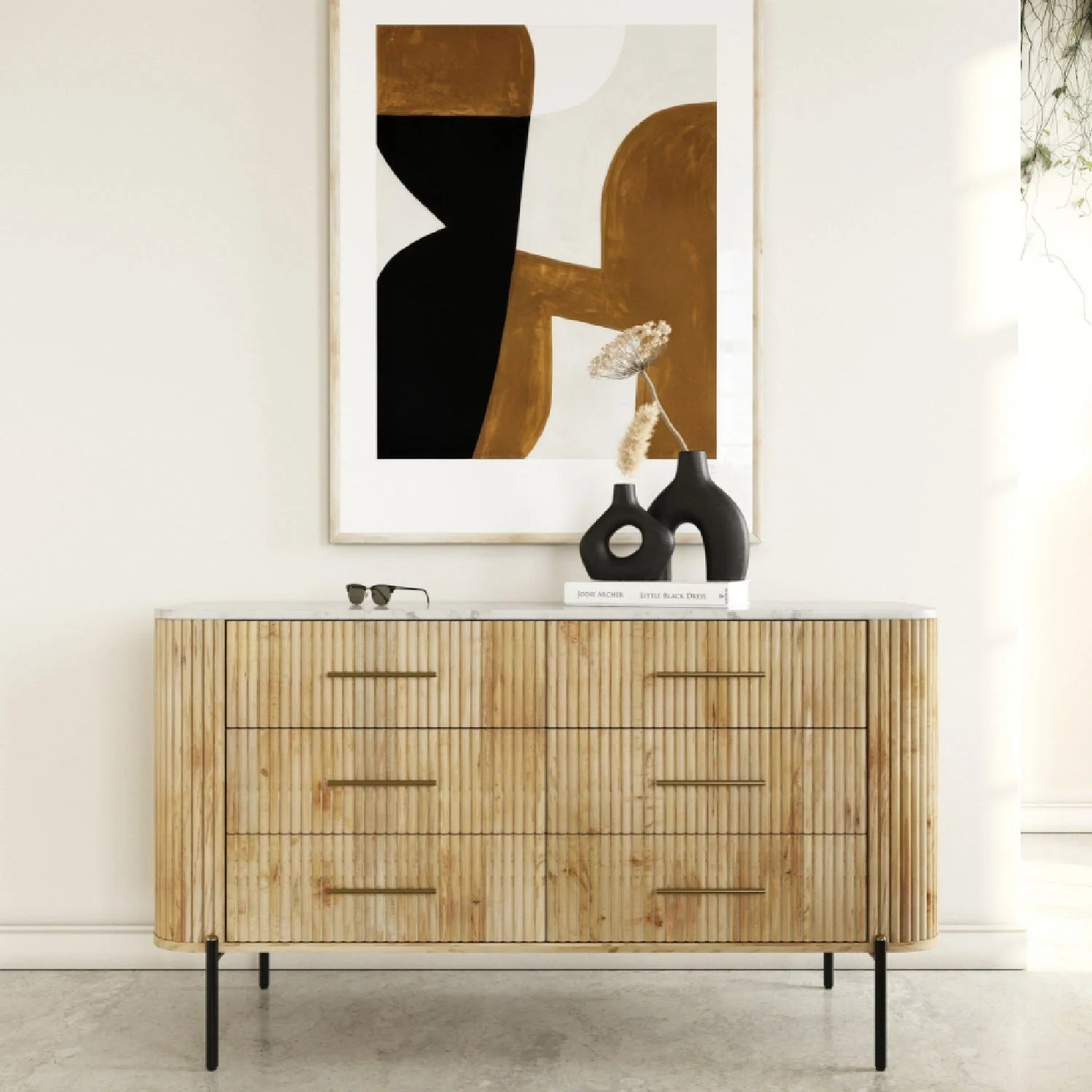 Luxury Fluted Modern Mango Wood 6-Drawer Dresser European Style for Villa