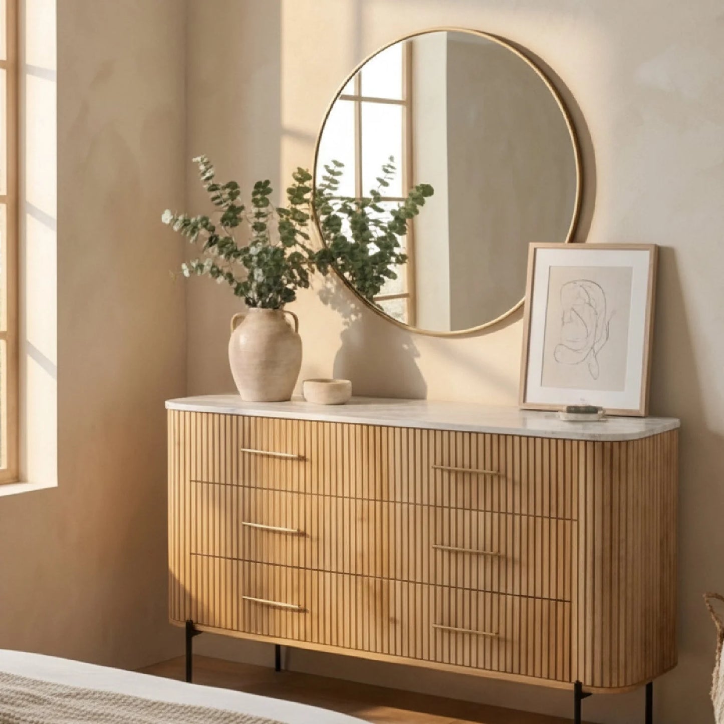 Luxury Fluted Modern Mango Wood 6-Drawer Dresser European Style for Villa