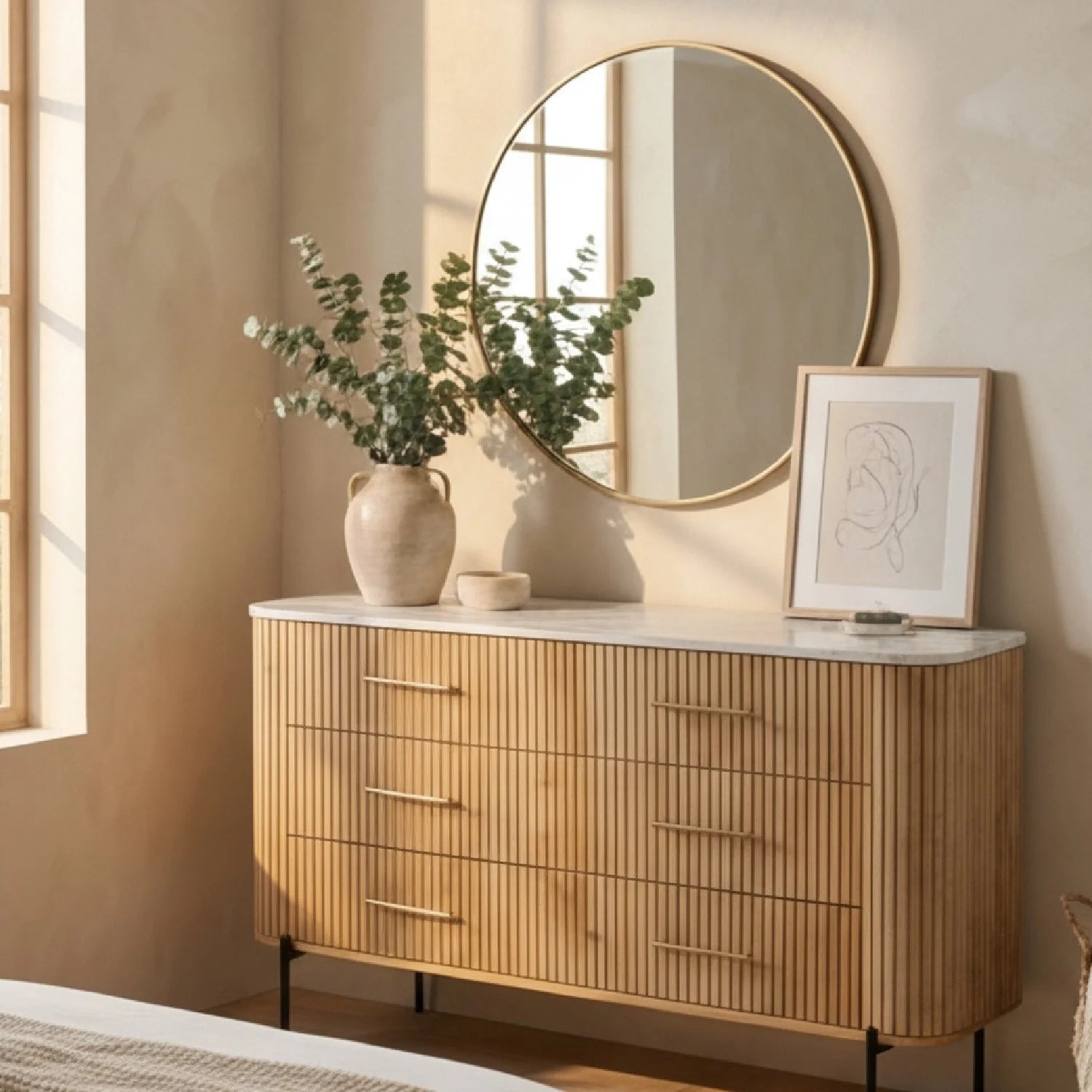 Luxury Fluted Modern Mango Wood 6-Drawer Dresser European Style for Villa