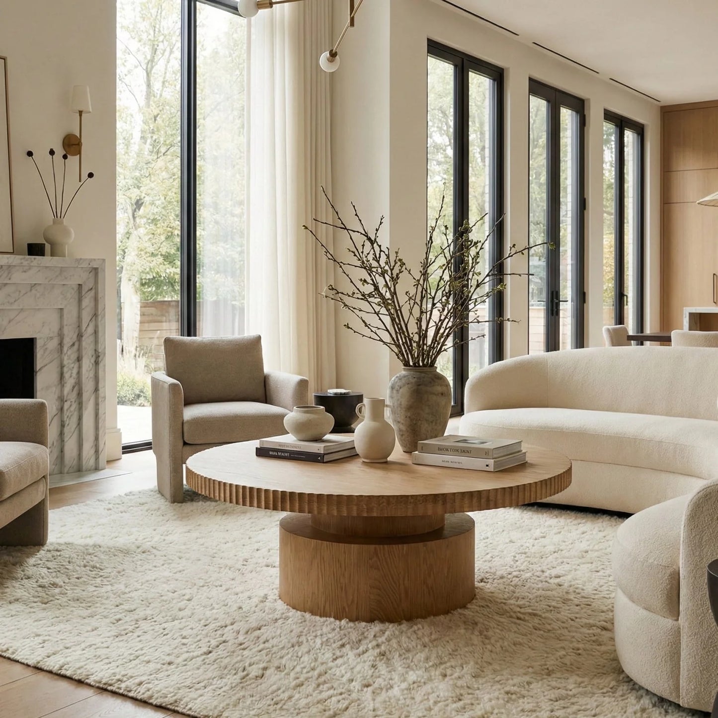 Luxury Fluted Round Oak Coffee Table Modern Italian Style for Villa
